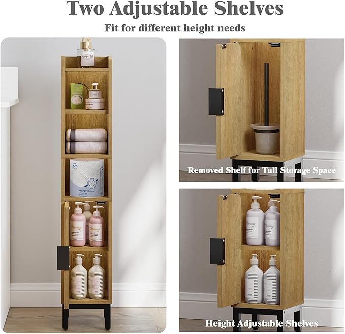FerniTry Narrow Bathroom Storage Cabinet, Corner Toilet Paper Floor Cabinet 5 Tiers with Door and Shelves,Bathroom Organizer with Adjustable Shelf, for Small Spaces (Oak)