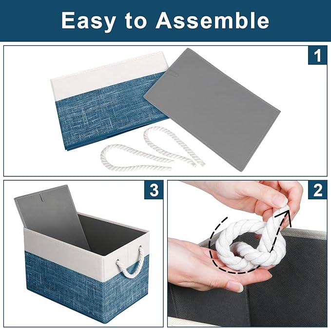 Fab totes Storage Bins 8-Pack, Foldable Storage Baskets for Organizing Toys, Books, Shelves, Closet, Large Storage Box with Rope Handles, Sturdy Organizer Bins, White & Blue
