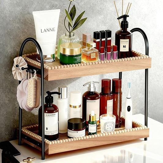 Large 2-Tier Bathroom Countertop Organizer with 8 Jewelry Hooks