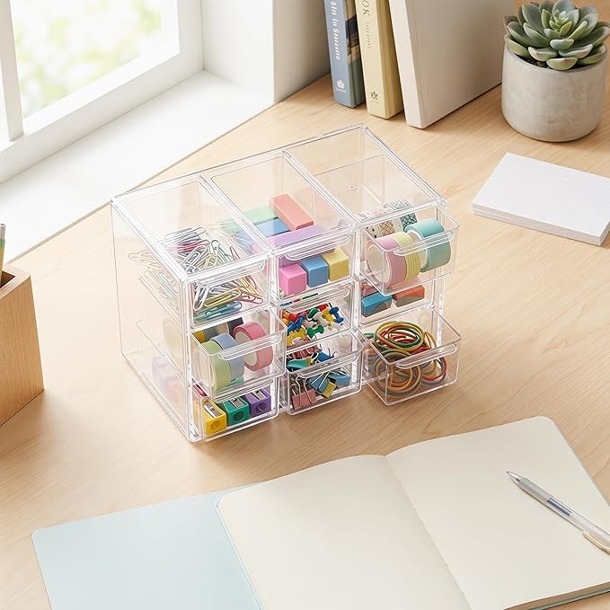 Acrylic Drawer Organizer, Clear Desk Organizer with Drawer, Plastic Stackable Storage Drawers with 9 Drawers, Dustproof Organizers for Jewelry, Craft, Office Supplies