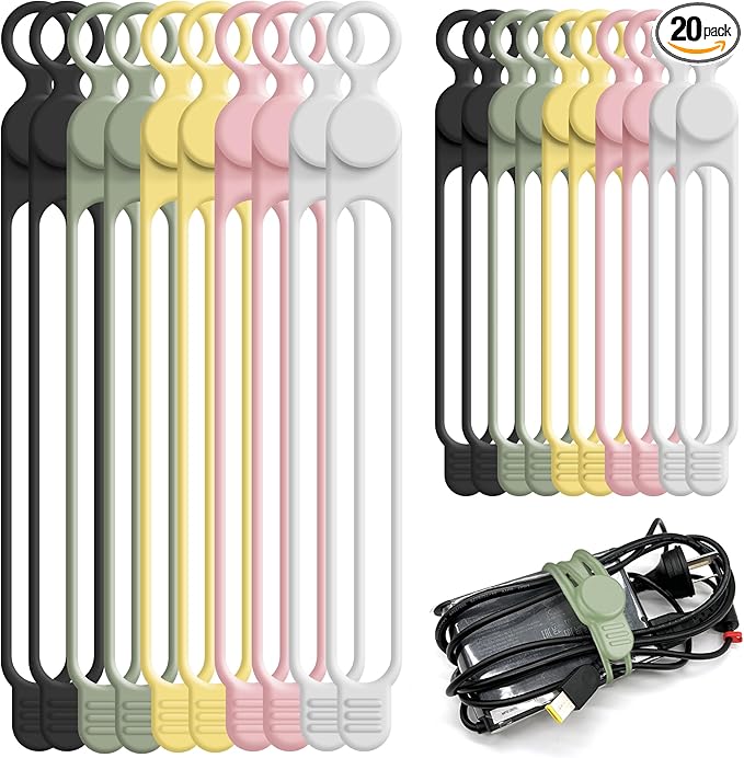 Silicone Cable Ties Cord Organizer for Cable Management, 20PCS 4.2" and 7.1" Reusable Cable Organizer Electronic Accessories for Home, Office, Kitchen, School, Travel (5 Colors)