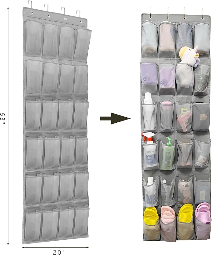 Over The Door Shoe Organizers with 24 Mesh Pockets Shoe Organizer Storage, Grey