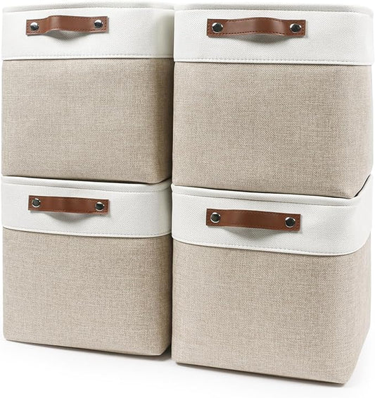 Collapsible Fabric Storage Cubes 11x11 Cube Storage Bins, Beige&White