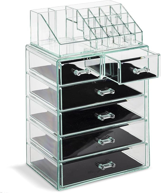 Sorbus Acrylic Makeup Organizer Set, 6-Drawer Vanity & Countertop Cosmetic Storage with Small & Wide Compartments, Teal Thrill Makeup Storage for Brushes, Jewelry – Holiday Gift for Women & Teens