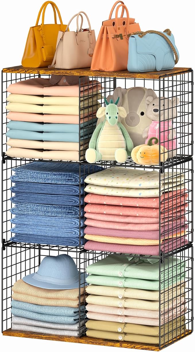 6-Cube Tall Closet Organizer Storage Wire Basket Shelf with Wood Top for Wardrobe Bedroom Closet Systeem, Stackable Sturdy Space-saving Clothing Shelves for Clothes, Sweaters, Pants, Handbags, Shoes