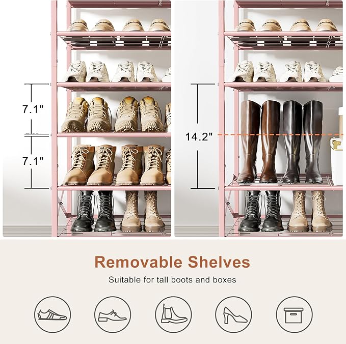 8-Tier Tall Shoe Rack Organizer Shoe Storage for Entryway 24-32 Pairs Metal Shoe Rack for Closet Heavy-Duty Shoe Rack with Wooden Top Shelf for Garage Pink