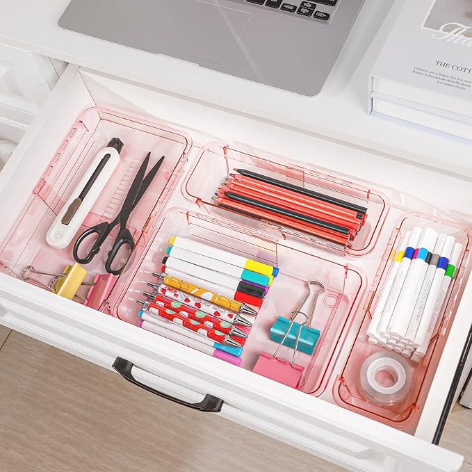 20 Pcs Clear Drawer Organizer, Adjustable Drawer Storage Box, Pink