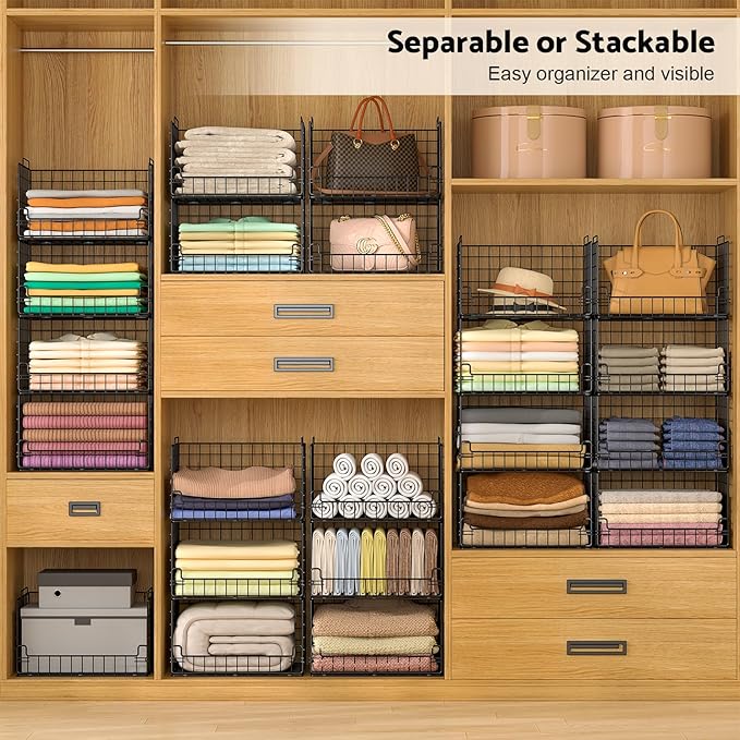 4-Tier Stackable Closet Organizers and Storage Basket - Foldable Closet Shelf Organizer System, Sturdy Metal Space-Saving Clothes Storage Bins for Wardrobe, Black