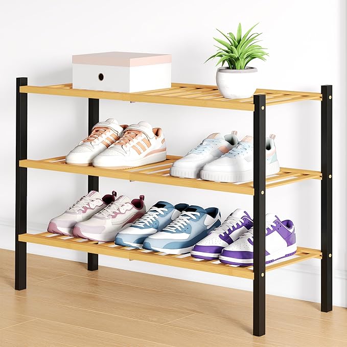 Smiry Bamboo Shoe Rack for Closet, 3 Tier Wooden Shoe Organizer, Stackable Wood Shoe Storage Shelf for Entryway, 14 Vertical Slats, One-piece Heavy-Duty Legs, 26.77"x11.02"x18.31", Natural & Black