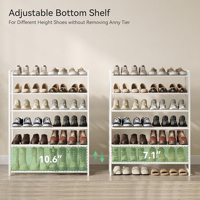 Nunsino Shoe Rack, Metal Shoe Organizer, 6 Tier Garage Shoe Rack Max Holds 30 Pairs,Shoe Storage Shelf for Closet,Entryway,White