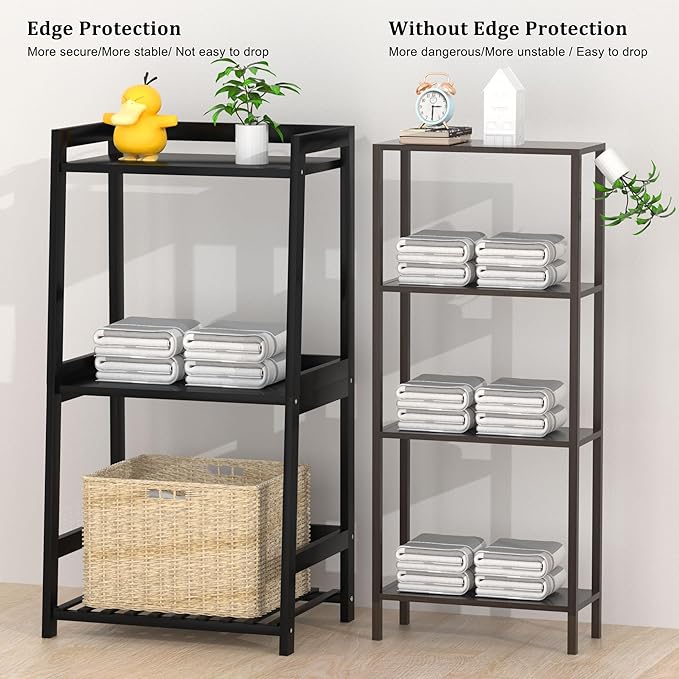 POXAKA 3 Tier Bamboo Bathroom Shelves, Ladder Shelf for Storage, Rustic Home Organizer, Space-Saving Design, Stylish Display Nightstand, Stylish Storage Solution for Home, Living Room, Kitchen