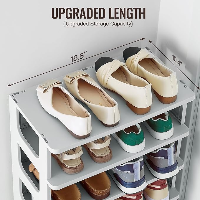 TRZZ 5-Tier Small Shoe Rack, Vertical Narrow Stackable Organizer with Removable Partition, Efficient Shoe Storage for Closet, Entryway, and Small Spaces (Grey)