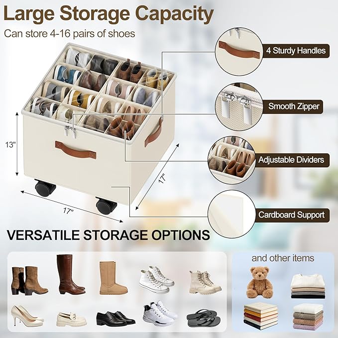 Large Shoe Organizer for Closet, Adjustable Dividers Shoe Storage Box Bins with Wheels Clear Cover Reinforced Handle Fits up to 16 Pairs, Foldable Shoe Organizer for Entryway Beige