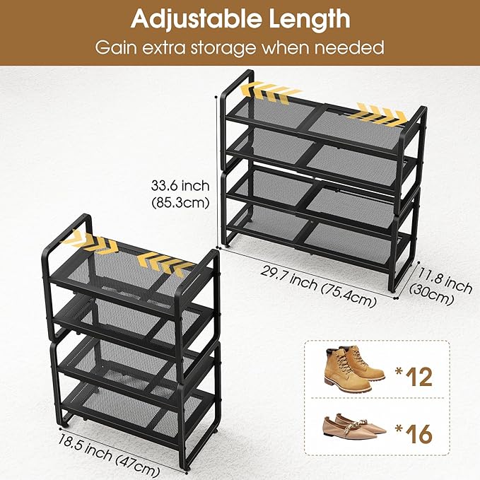 Expandable Shoe Rack for Closet, Black, 4-Tier