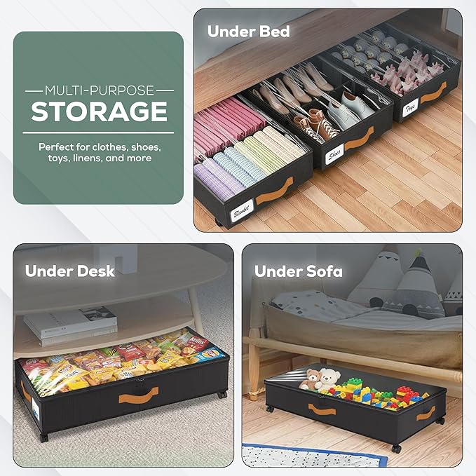 Under Bed Storage with Wheels, 2 Pack (36L Each)| Low Profile Storage Organizer with Clear Window, Double Zipper & 360° Locking Wheels – Rolling Metal Drawer for Clothes, Shoes, & More (Black)