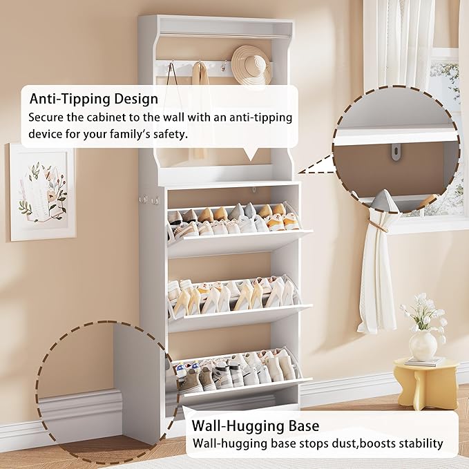 Shoe Cabinet for Entryway, White, 31.5 * 9.37 * 78.74 Inch, 3 Flip Drawers, 3 Shelves, Modern Style