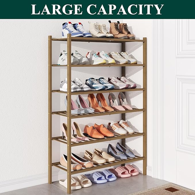 Bamboo Shoe Rack for Closet, 6 Tier Wooden Shoe Organizer, Walnut