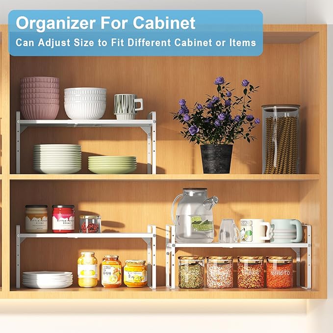15.5 to 25.5 Inch Expandable Kitchen Cabinet Organizer Shelf, 30 LBS Heavy Duty Stackable Kitchen Counter Storage Shelves Organizers, 2 Pack Adjustable Small Storage Shelf Rack For Cabinet Cupboard