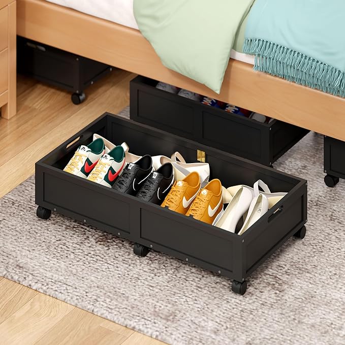 WISUCART Wood Under Bed Storage Containers Underbed Organizer with Wheels Sturdy Wood Rolling Under Bed Shoe Storage Organizer 2 Packs (Black, Large)
