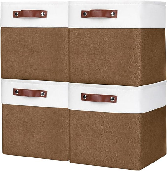 Collapsible Fabric Storage Cubes 11x11 Cube Storage Bins, Brown&White