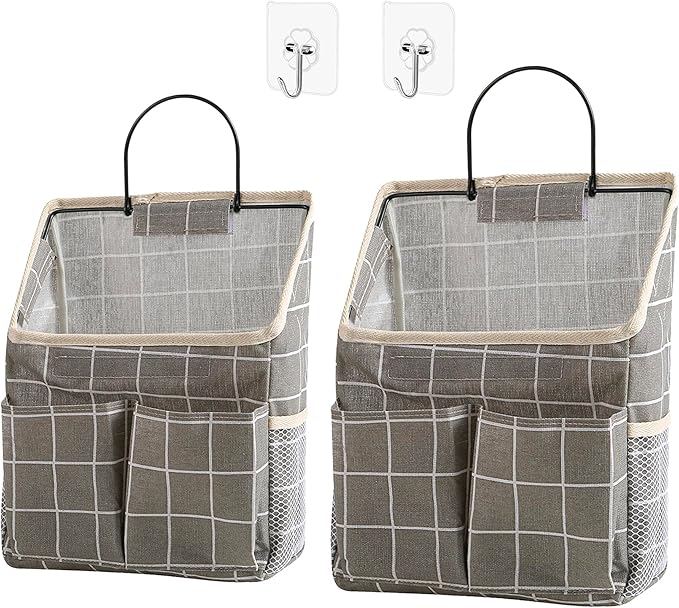 2pcs Wall Hanging Storage Bag, Grey Grid