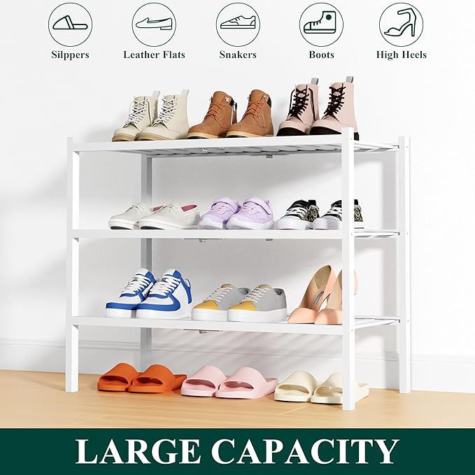 Smiry Bamboo Shoe Rack, 3 Tier Free Standing Wooden Shoe Organizer, Stackable Wood Shoe Storage Shelf for Closet, Entryway, 14 Vertical Slats, 2+1 Stack Heavy-Duty Legs, 26.8"x11"x19.5", White