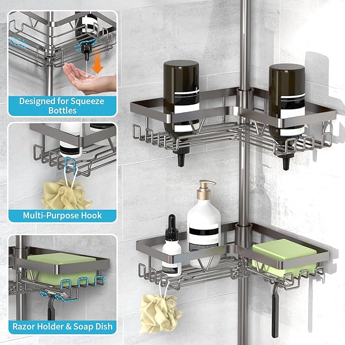 Corner Shower Caddy Tension Pole with Soap Dish & Razor Holder
