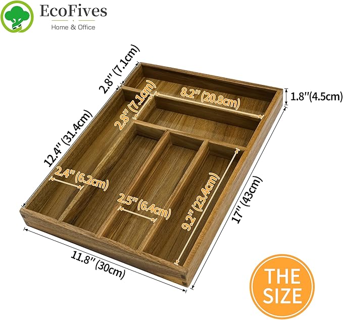 Luxury Acacia Kitchen Drawer Organizer, Silverware Organizer, 6 Slot