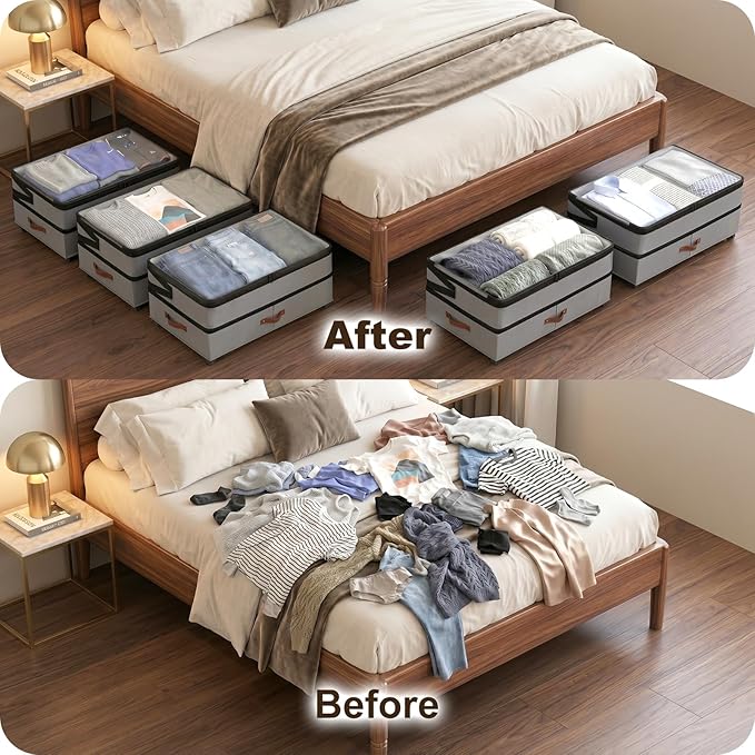 2 Pack Under Bed Storage with Wheels, Adjustable-Height Rolling Storage Containers with Clear Lids, 76L XXL Durable Underbed Organizer Bins for Clothes, Shoes, Blankets, Bedroom, Dorm, Closet - Gray