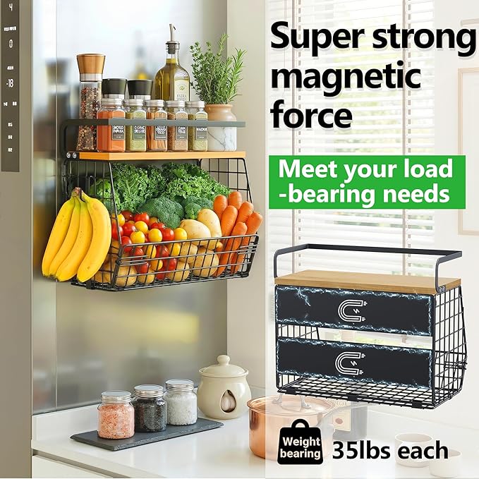 Magnetic Shelf for Fridge with Wood Lid, Fruit Potato & Onion Storage Bins, Magnetic Spice Rack for Refrigerator Pantry Organizer & Storage, Large Container for Refrigerator, Kitchen Counter & Laundry