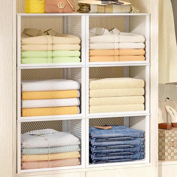 3 Pack Stackable Closet Organizers and Storage Basket, Closet Shelves with Wood Top Extra Storage, Multifunctional Clothes Organizer Bins/Cube Storage Drawer for Wardrobe Kitchen Laundry Room, White
