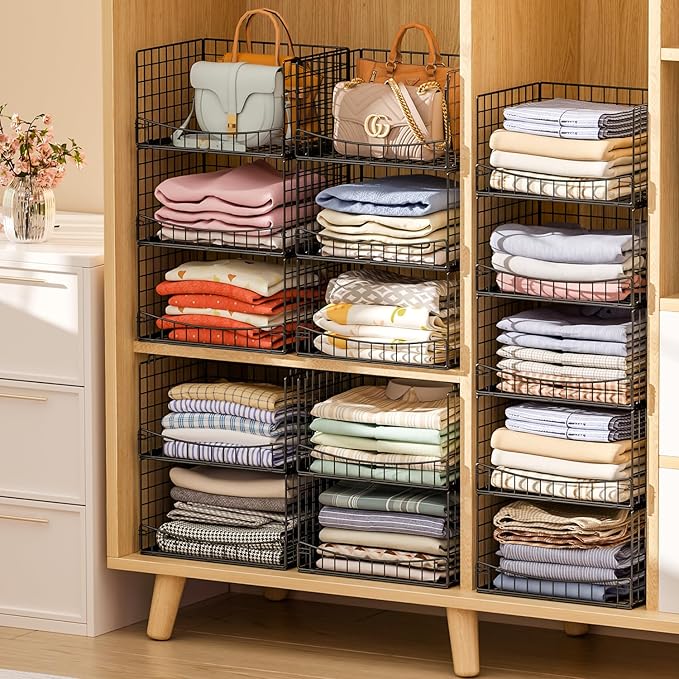 Hongtamoya 5-Tier Stackable Closet Organizers and Storage Shelves, Extend Clothing Closet Shelf Bins for Wardrobe Kitchen Office Bathroom, Clothes Organizer System-Wider Mouth Design, Black
