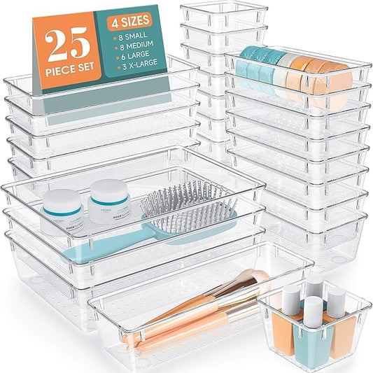 25 PCS Clear Plastic Drawer Organizer Set, Office