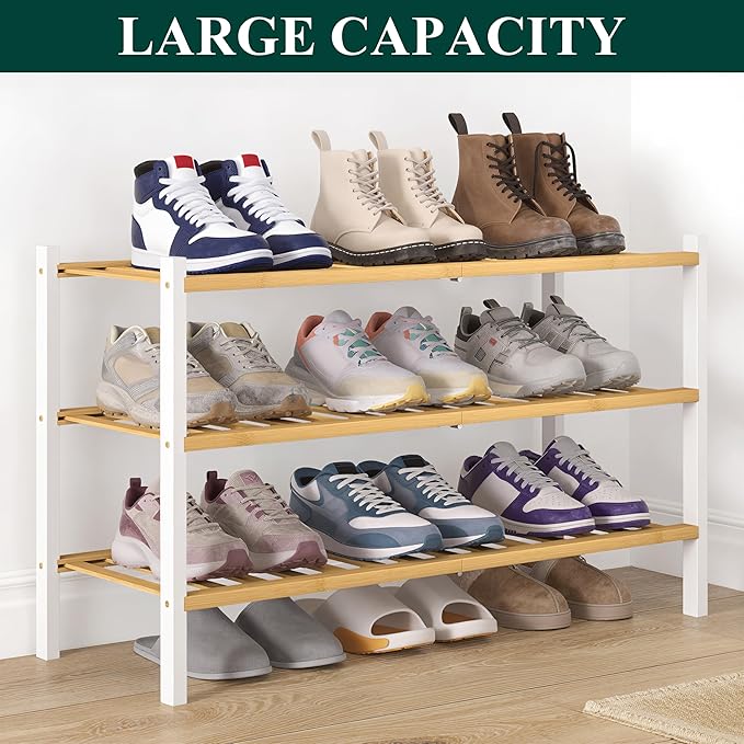 Smiry Bamboo Shoe Rack for Closet, 3 Tier Wooden Shoe Organizer, Stackable Wood Shoe Storage Shelf for Entryway, 14 Vertical Slats, One-piece Heavy-Duty Legs, 26.77"x11.02"x18.31", Natural & White