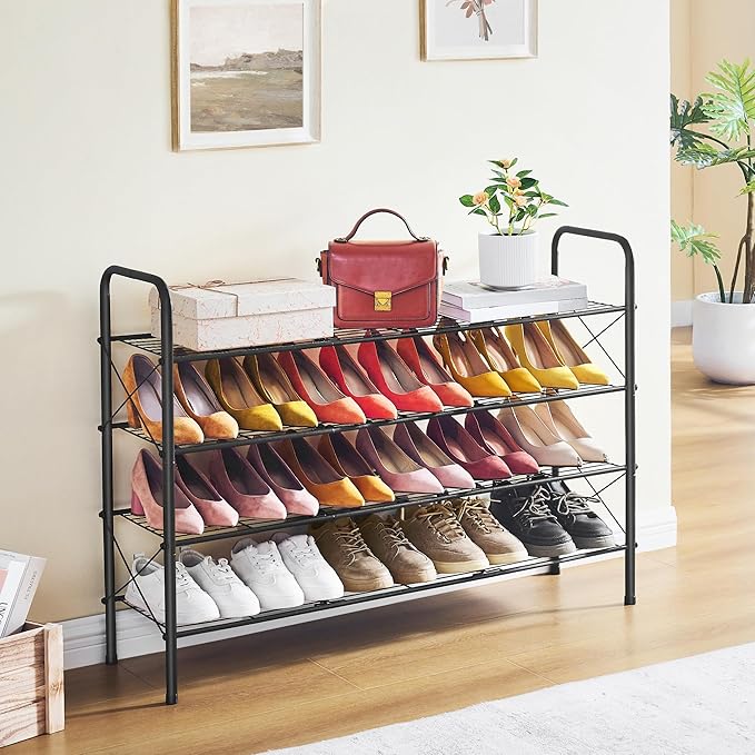 Hoctieon 4 Tier Mesh Style Shoe Rack, Entryway Shoe Shelf, Shoe Storage Organizer, Shoe Rack for Closet, Space Save for Bathroom, Garage, Hallway, Bedroom, Living Room, Black