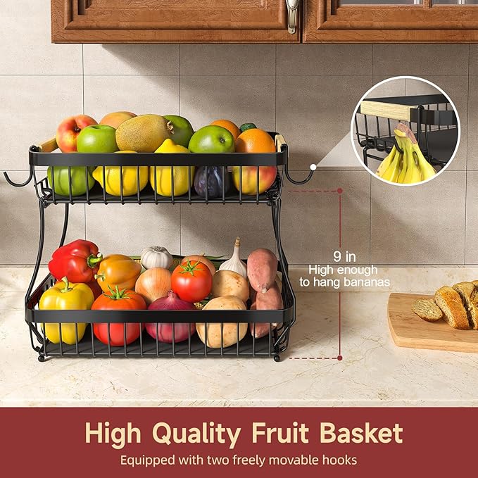 Sevenblue 2 Tier Large Fruit Basket for Kitchen Counter with 2 Mobile Banana Hangers, 2026 Pro Detachable Metal Fruit Bowl with Wooden Handle (Black, 2 Tier Extra Large)