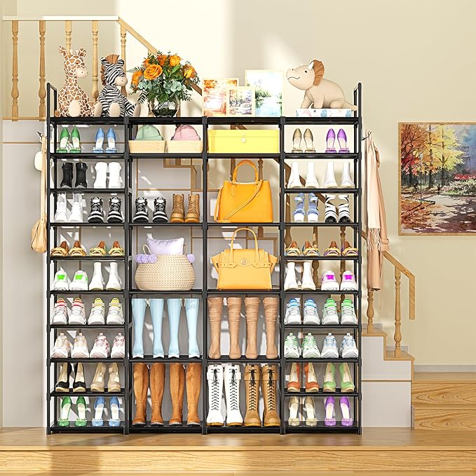 Kottwca 4 Row 10 Tier Large Shoe Rack Organizer for Closet Entryway, 72-80 Pair Shoe Boot Storage Rack, Metal Shoe Shelf Big Vertical Stackable Shoe Stand for Bedroom Corner
