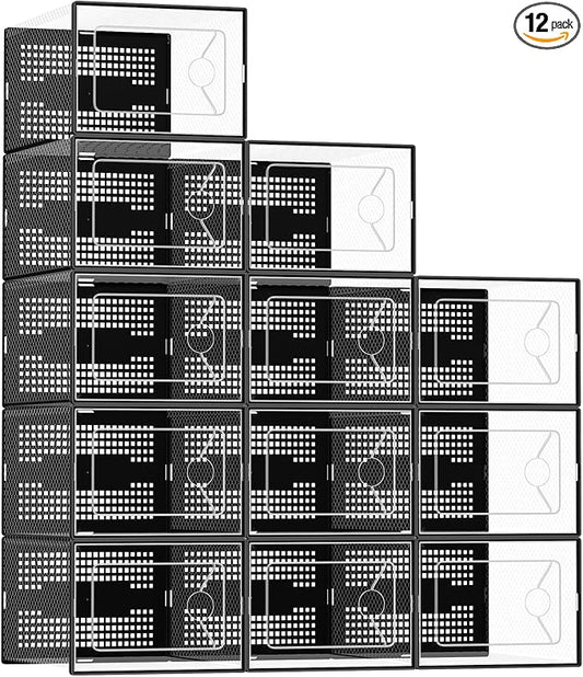 OLIXIS X-Large Shoe Storage Boxes, 12-Pack Clear Stackable Shoe Organizers with Lids, Sneaker Display and Storage Containers for Closet, Under Bed, Entryway, Black