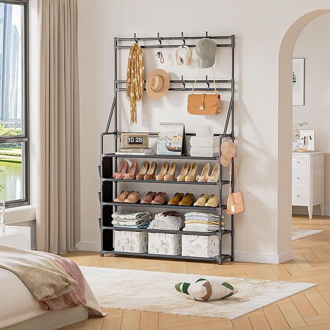 OYREL Shoe Rack 5 Tier Shoe Racks Organizer 20-25 Pairs Shoes Rack for Closet Entrance Shoe Storage Organizer with Hooks and Side Pocket Entryway Shoe Holder Space Saving Free Standing Shoe Racks