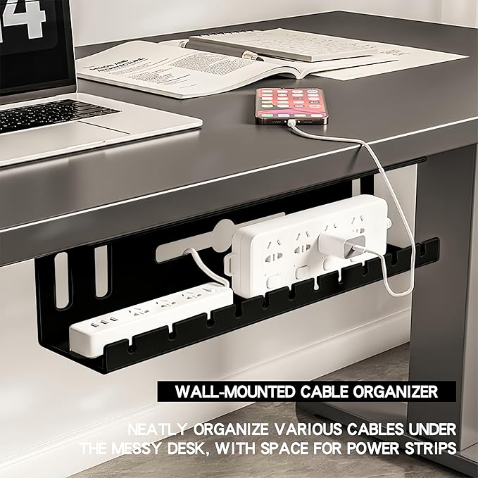 Under Desk Cable Management Tray Wires Organizer Power Strip Management 20'' No Drill Under Table Organizer for Cable Storage Holder (BLACK-40CM)