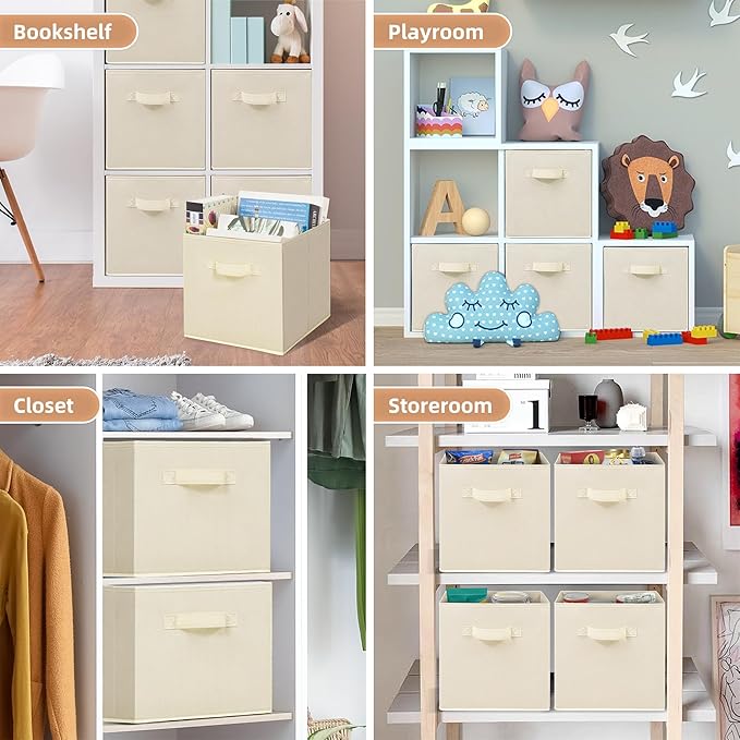 STORAGE MANIAC Storage Cubes, 11 Inch Collapsible Storage Bins with Handles, 10 Pack Fabric Foldable Bins for Organization, Durable Storage Bins for Closet, Shelves, Offices, Toys, 10-Pack Beige