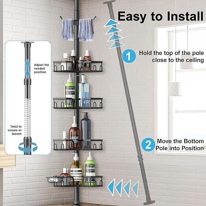 Corner Shower Caddy Tension Pole 4 Tier Adjustable Stainless Steel Shower Shelf for Inside Shower Bathtub Shampoo,Standing Bathroom Organizer Shelves with 39 to 113 inch Height