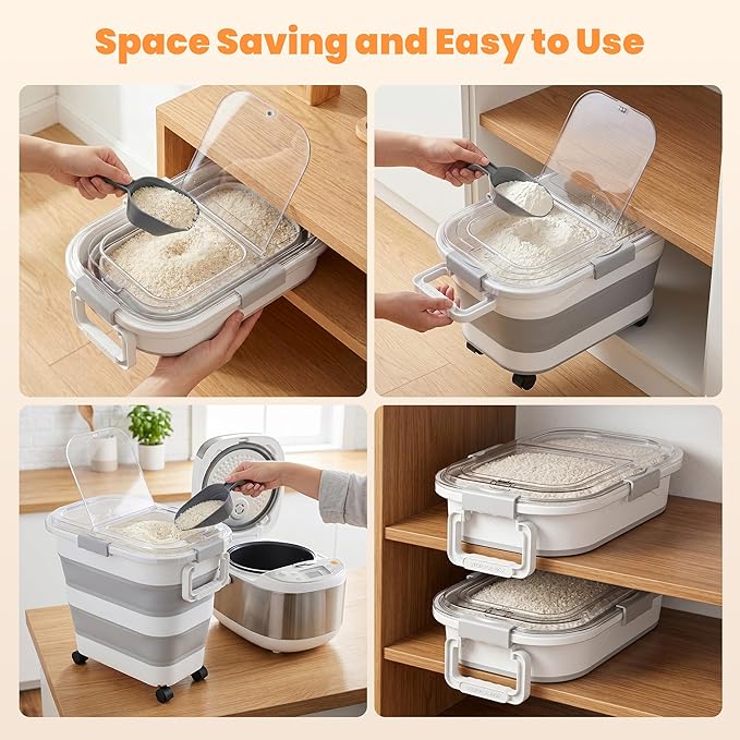 30 Lbs Rice Storage Container with Wheels, Collapsible Airtight Food Storage Container with Transparent Lid, Measuring Cup, Scoop, Handle, BPA Free Rice Holder for Pet Food, Grain, and Bird Seed