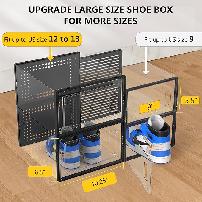 12 Pack XXX-Large Clear Shoe Storage Boxes, Stackable Modular Plastic Shoe Organizer Front-Opening Door, Fits up to US Size 9 to13, Ventilated Dust-Proof Sneaker Display Cases Closet, Entryway, Black