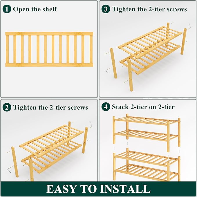 Smiry Bamboo Shoe Rack, 4 Tier Free Standing Wooden Shoe Organizer, Stackable Wood Shoe Storage Shelf for Closet, Entryway, 12 Vertical Slats, 2+2 Stack Standard Legs, 26.8"x11"x26", Natural