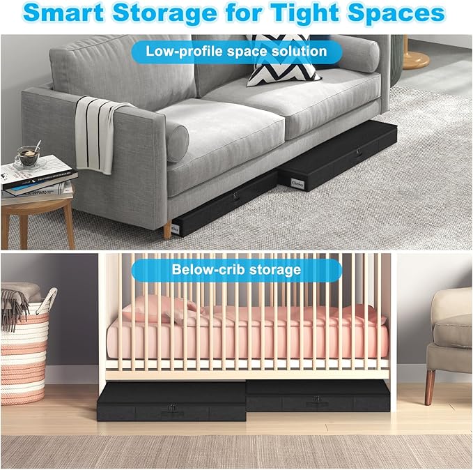Under Bed Storage Container Bins 2 Pack, 4 Inch Thin Low Profile Underbed Clothes Storage Organizer for Dorm & Home, Use for Blanket and Toy Storage Box W/ Sturdy Bottom/Sides, Foldable Thick Fabric