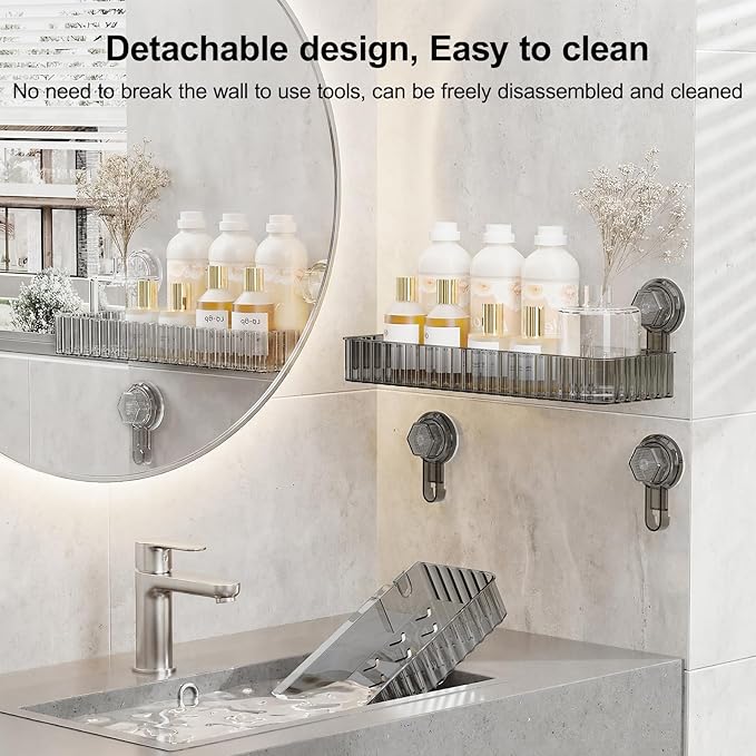 Adhesive Shower Caddy Suction Cup Shower Shelves for Inside Shower No Drilling Bathroom Organizers and Storage Wall Shelf Rack Clear（black,square