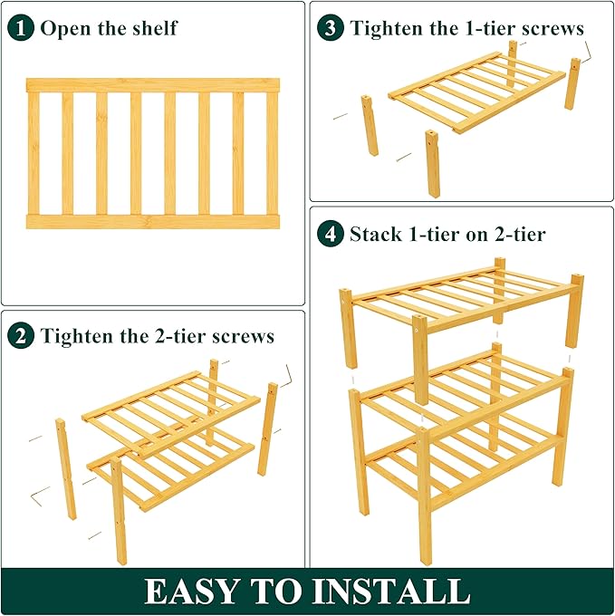 Smiry Small Bamboo Shoe Rack, 3 Tier Free Standing Wooden Shoe Organizer, Stackable Wood Shoe Storage Shelf for Closet, Entryway, 12 Vertical Slats, 2+1 Stack Standard Legs, 17.3"x11"x19.5", Natural