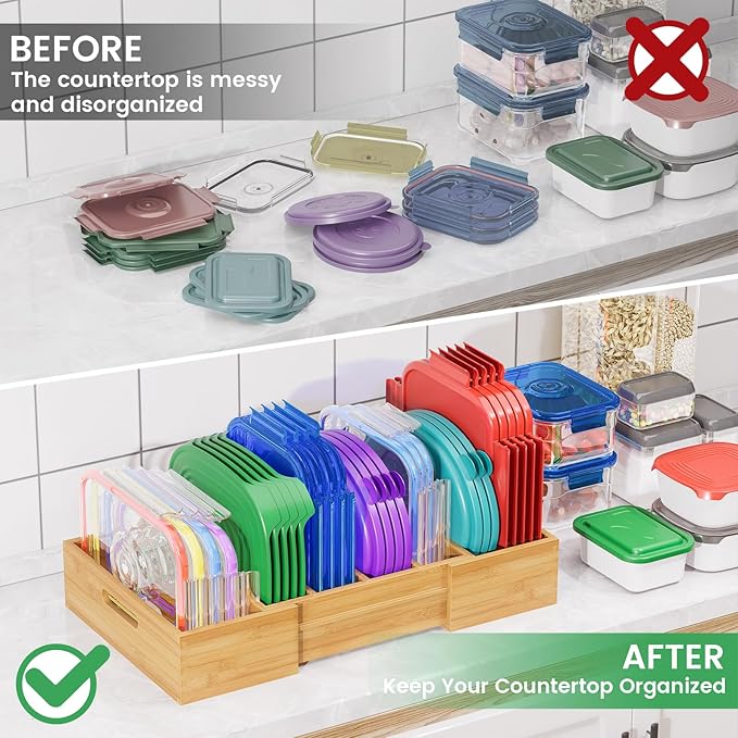 Kiasthome Expandable Bamboo Lid Organizers Inside Cabinet, Kitchen Cabinet Organizers with 3 Adjustable Dividers, Storage Plastic Lids, Food Container Lid Holder Organizer for Drawer Pantry, Nature