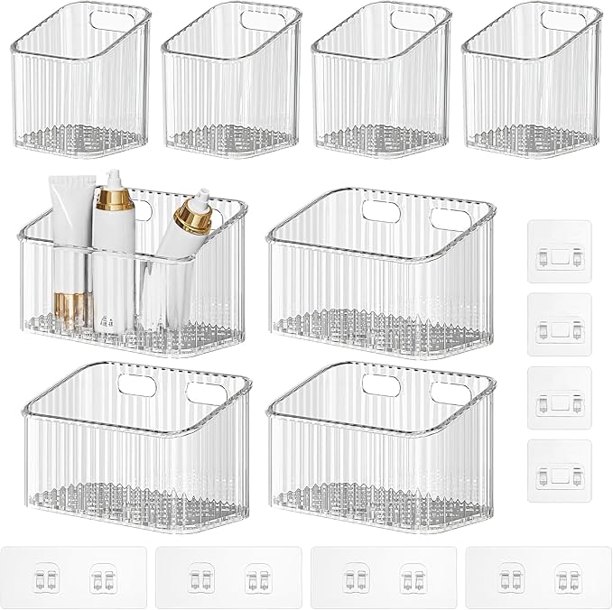 8 Pack Clear Wall Mounted Storage Bins, Acrylic Cabinet Door Organizer Baskets, Bathroom Wall Storage Organizer with Drain Hole, Adhesive Hanging Bins for Fridge Kitchen, BPA Free